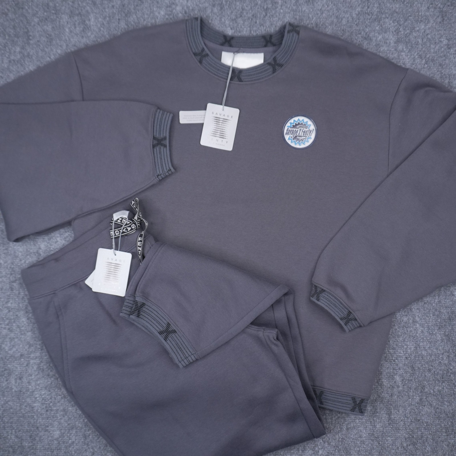 Savage X Fenty Sweatshirt Jogger Set Men L Gray Logo Trim Streetwear Loungewear